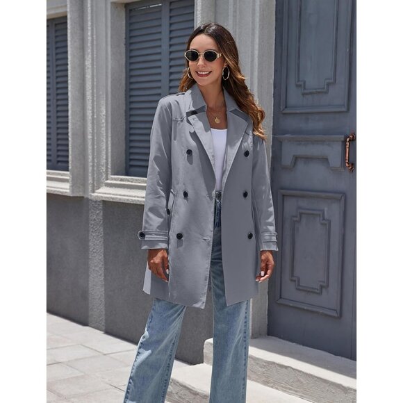 Women's Grey Waterproof Trench Coat with Classic Lapel and Belted Design - Picture 3 of 6